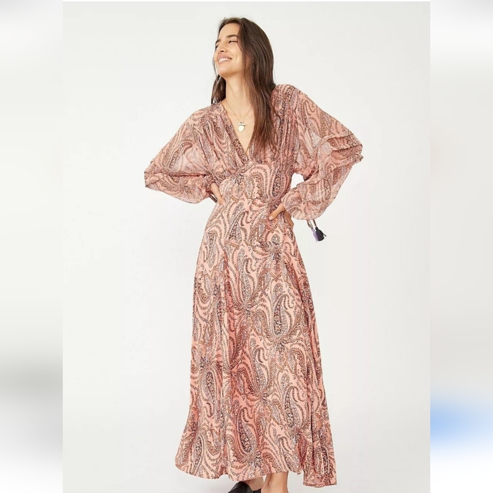 4 Free People Small  Mirage Maxi Gown Paisley Dress Peach Lavender Hippie Boho